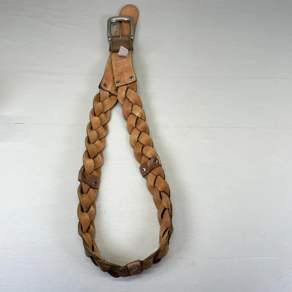 Fossil Brown Braided Woven Leather Belt Mens Size S Silver Buckle